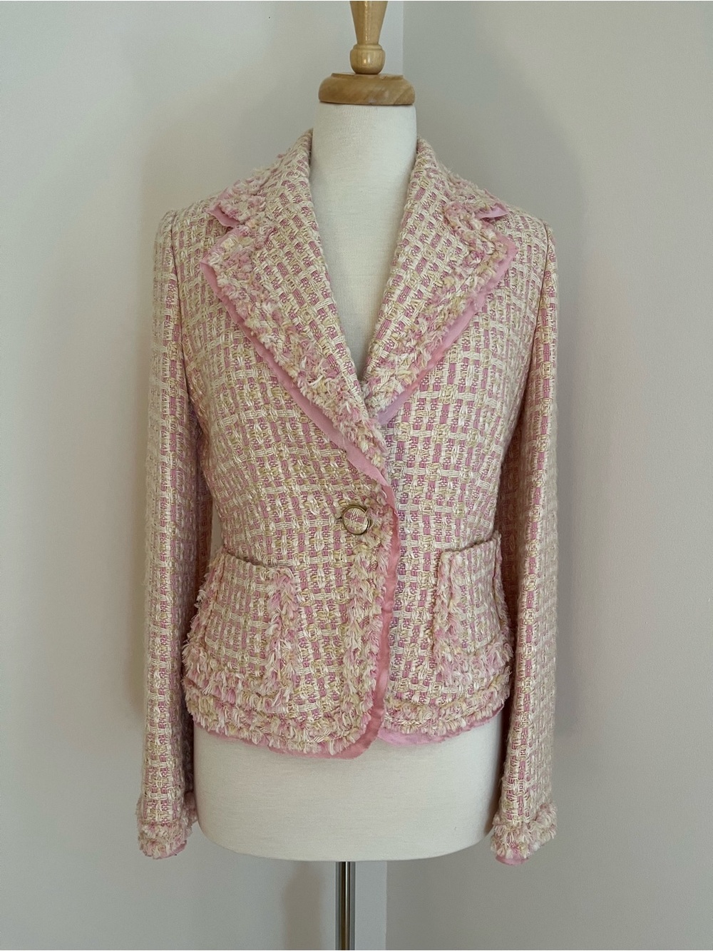 Banana Republic Pink Tweed Frayed-Trim Blazer